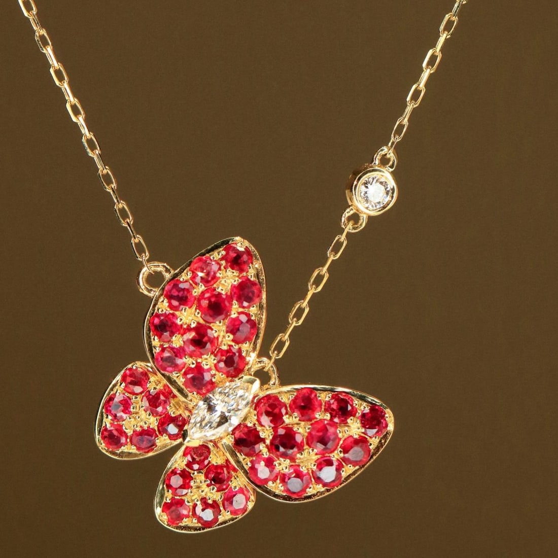 14k Gold 1.31 Ctw Natural Ruby & Diamond & Butterfly Necklace: Ref:231188316 // gold content:14k gold // main gemstone:ruby // shape:round // carat weight:1. 18ct // color:red // treatment:natural // cut grade:g // // adjacent gemstone 2 : diamond //