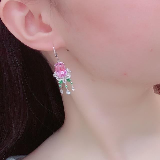 14k Gold 19.74 Ctw Natural Kunzite & Sapphire Earrings - 2