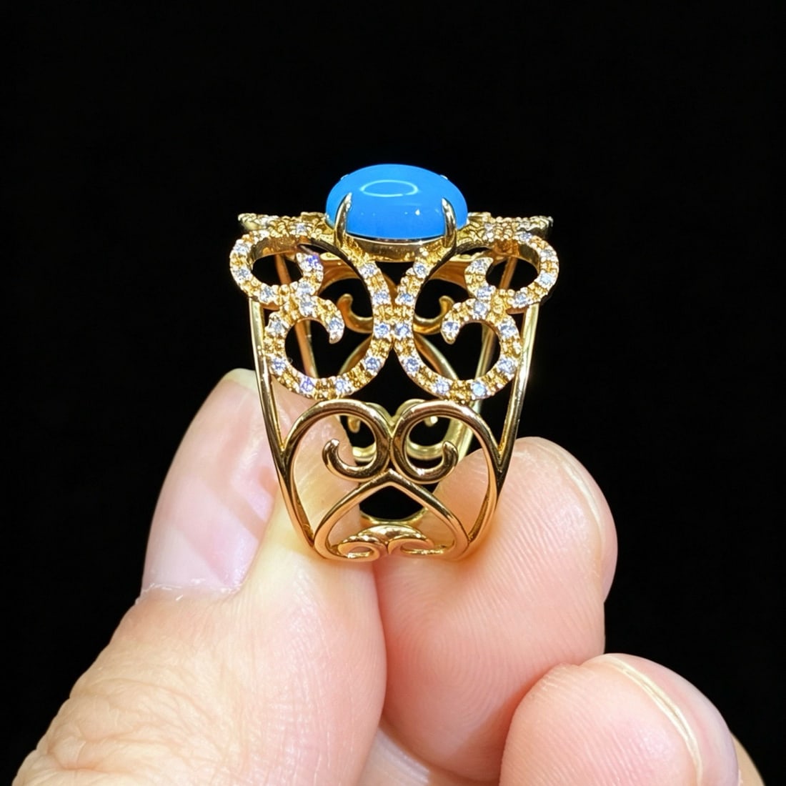 14k Gold 1.19 Ctw Natural Blue Turquoise & Diamond Ring - 4