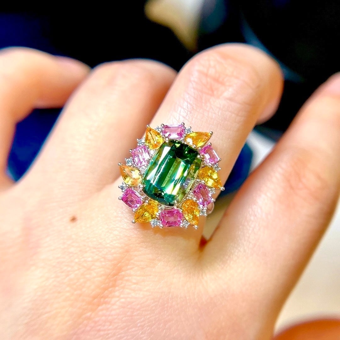 14k Gold 7.45 Ctw Natural Tourmaline & Sapphire Ring - 5