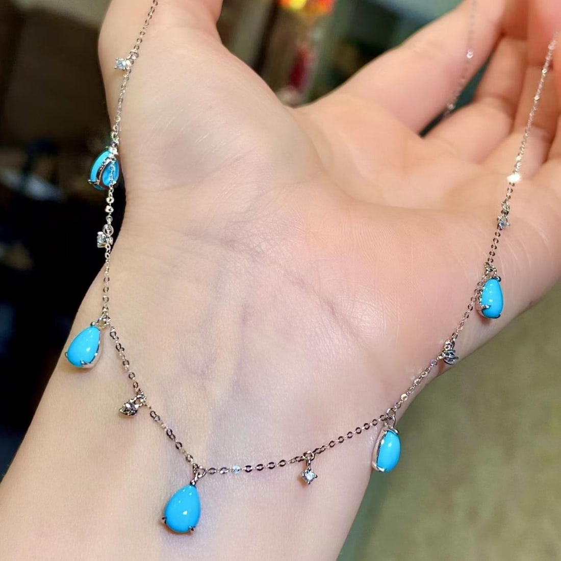 14k Gold 3.40 Ctw Natural Blue Turquoise & Diamond Necklace - 2