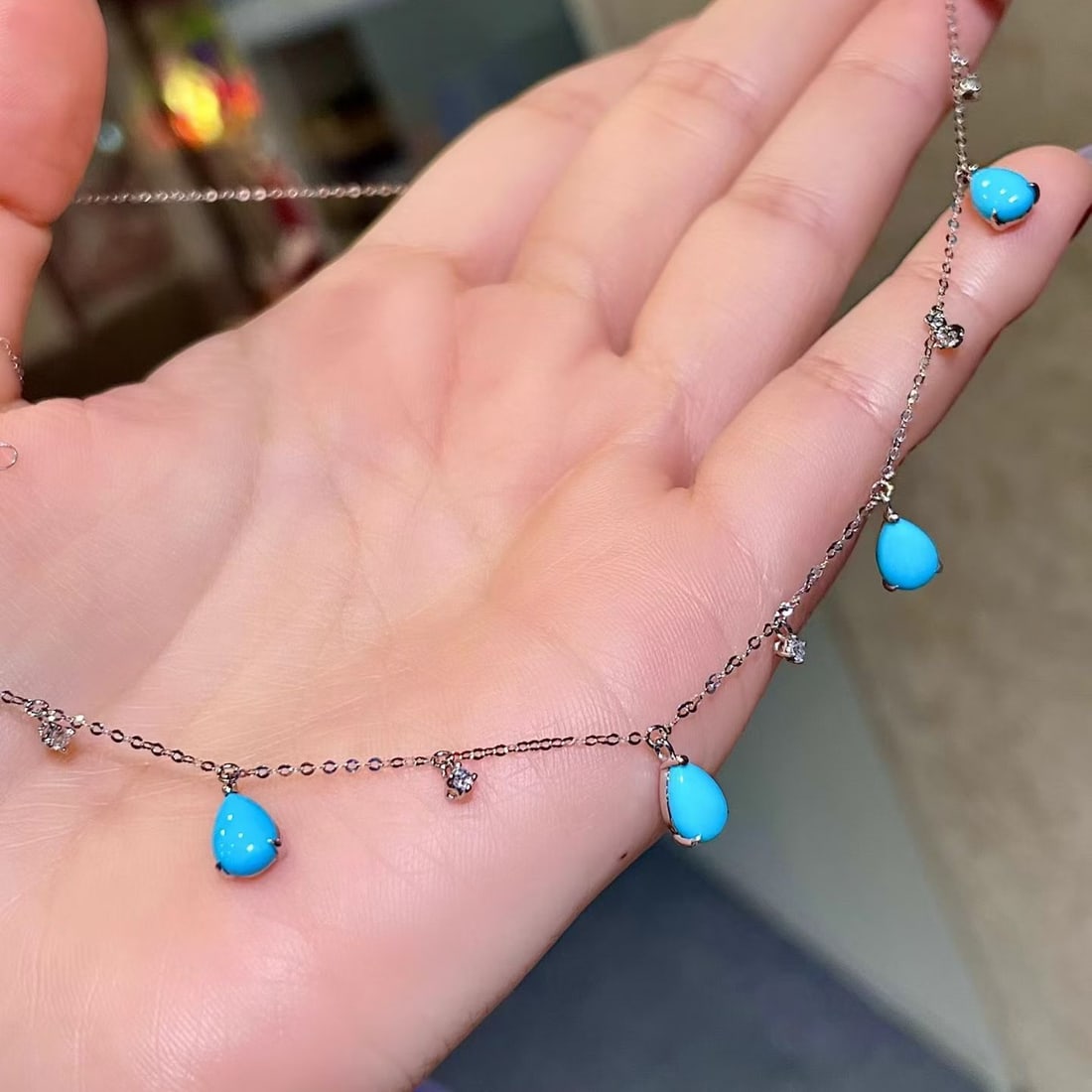 14k Gold 3.40 Ctw Natural Blue Turquoise & Diamond Necklace - 3