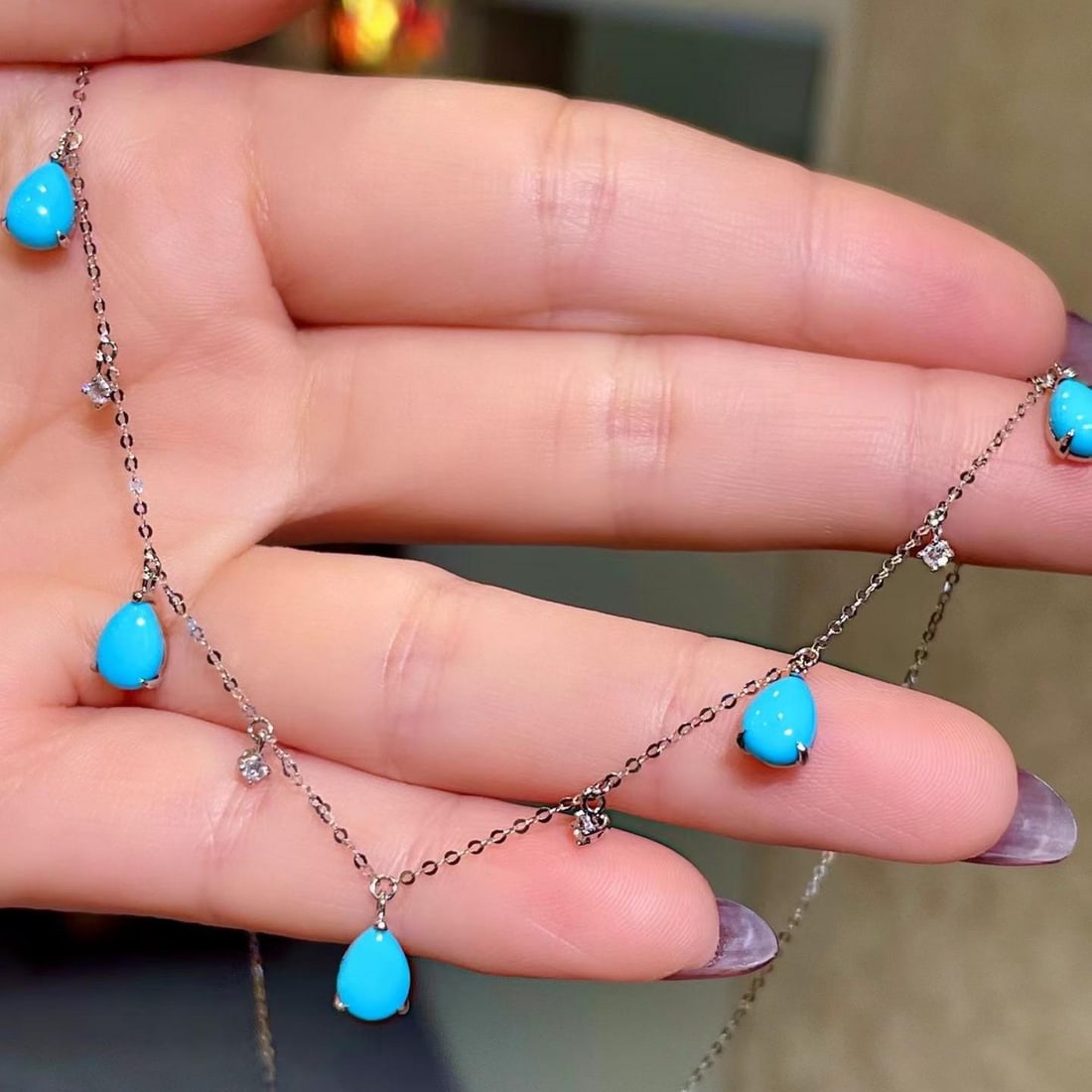 14k Gold 3.40 Ctw Natural Blue Turquoise & Diamond Necklace - 4