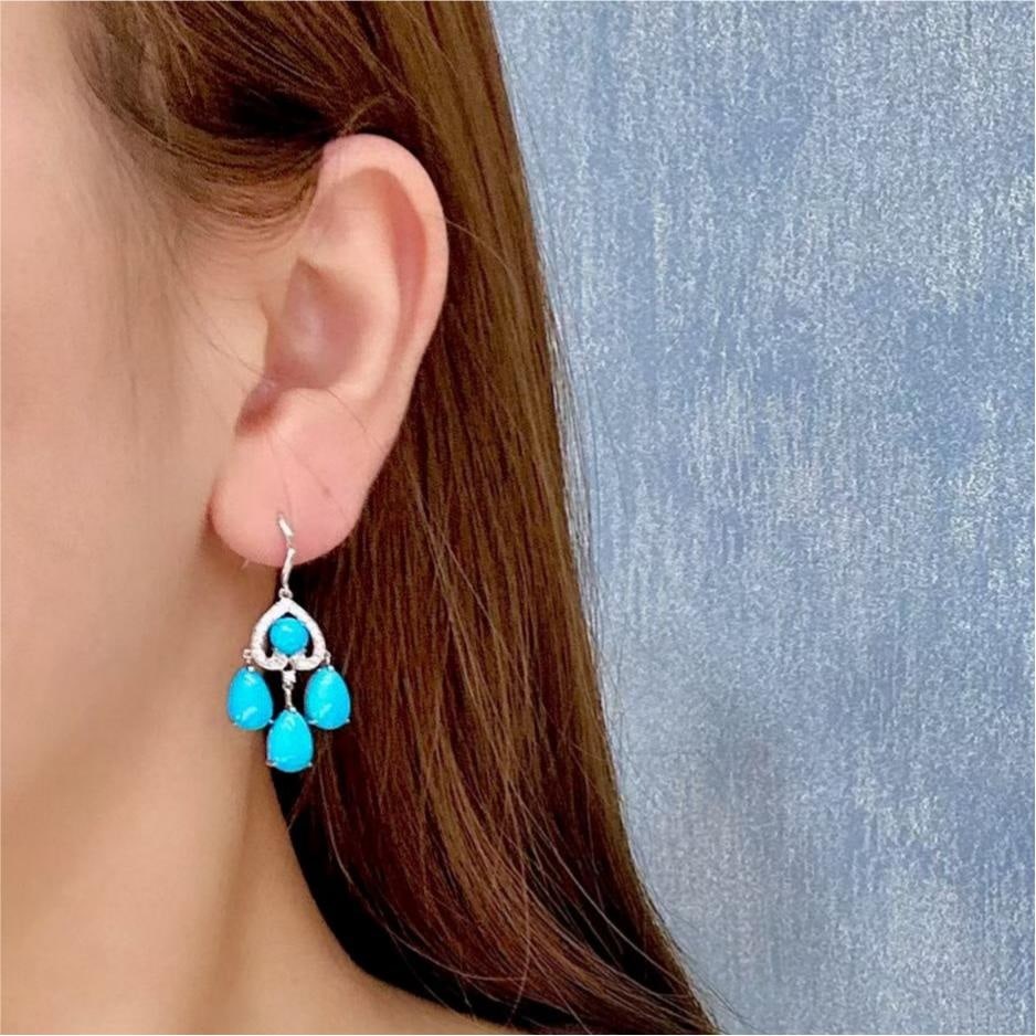 14k Gold 9.22 Ctw Natural Blue Turquoise & Diamond Earrings - 2