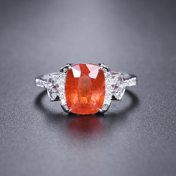 14k Gold 4.39 Ctw Natural Spessartine & Diamond Ring: Ref:231188335 // gold content:14k gold // ring size:7. 25us // // main gemstone:spessartine // shape:cushion // carat weight:4. 11ct // color:orange // treatment:natural // // adjacent gemstone 2 :