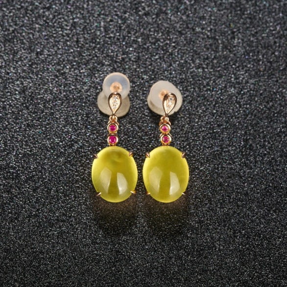 14k Gold 9.63 Ct Natural Prehnite & Diamond & Ruby Earrings - 9