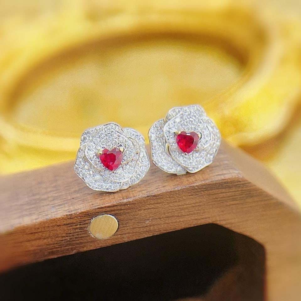 14k Gold 0.76 Ctw Natural Ruby & Diamond & Flowers Earrings: Ref:231188352 // gold content:14k gold // main gemstone:ruby // shape:heart // carat weight:0. 28ct // color:red // treatment:natural // // adjacent gemstone 2 : diamond // shape:round // carat weight