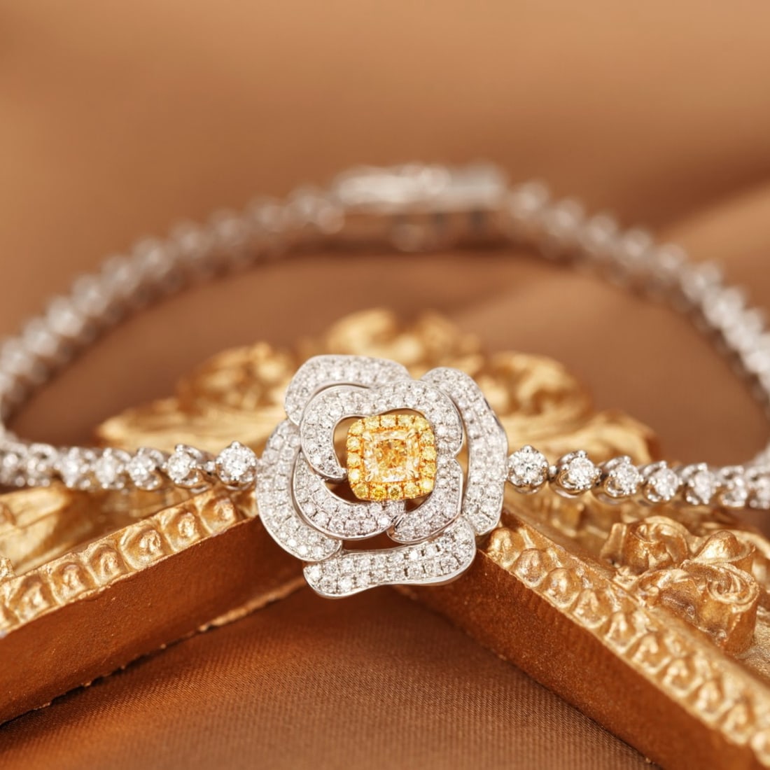 14k Gold 1.87 Ctw Natural Yellow Diamond & Diamond & Flowers Bracelet: Ref:231188359 // gold content:14k gold // main gemstone:yellow diamond // shape:cushion // carat weight:0. 25ct // color:yellow // treatment:natural // // adjacent gemstone 2 : diamond // shape:round 