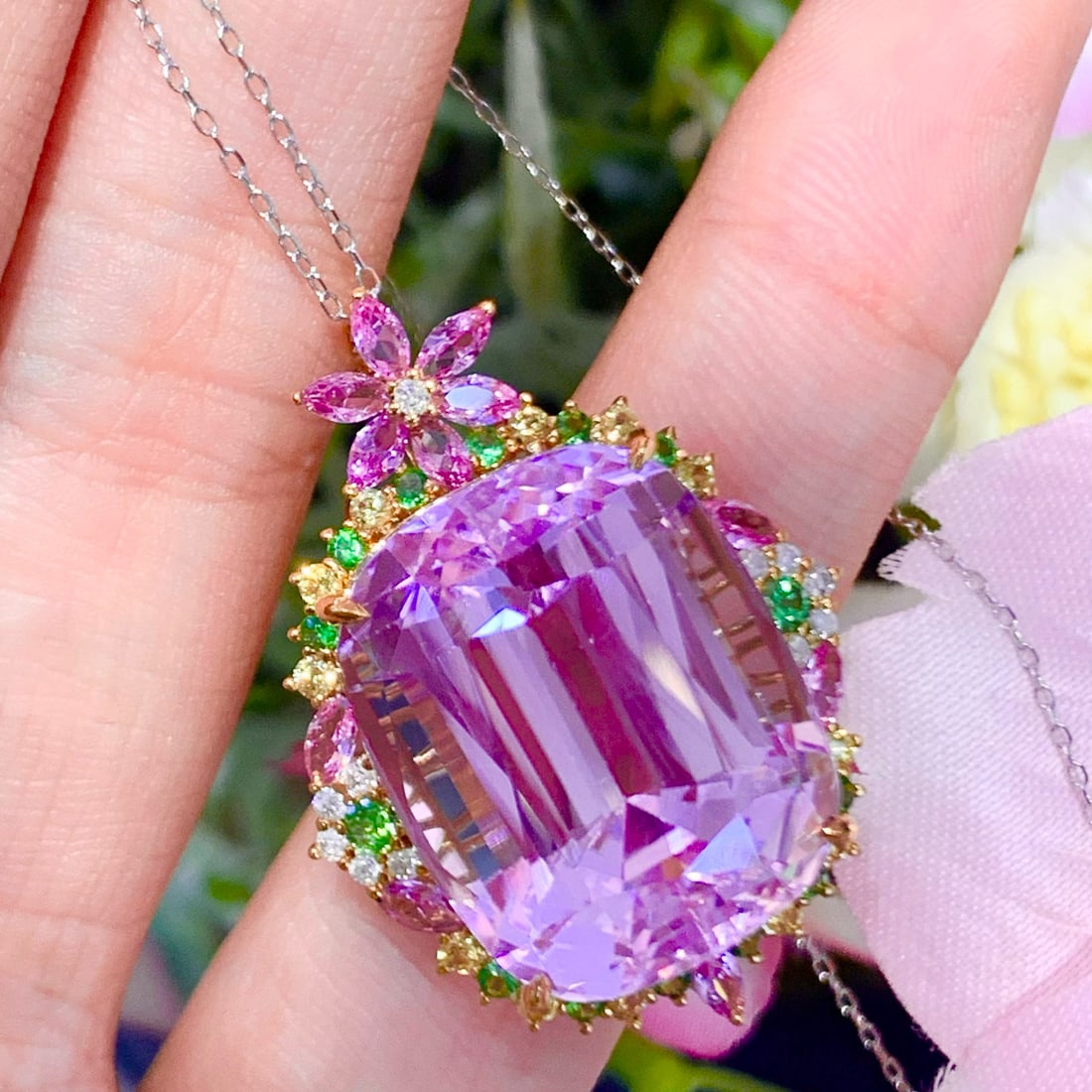14k Gold 37.58 Ct Natural Kunzite & Diamond & Coloured Gemstone Pendant( Without Chain ) - 2