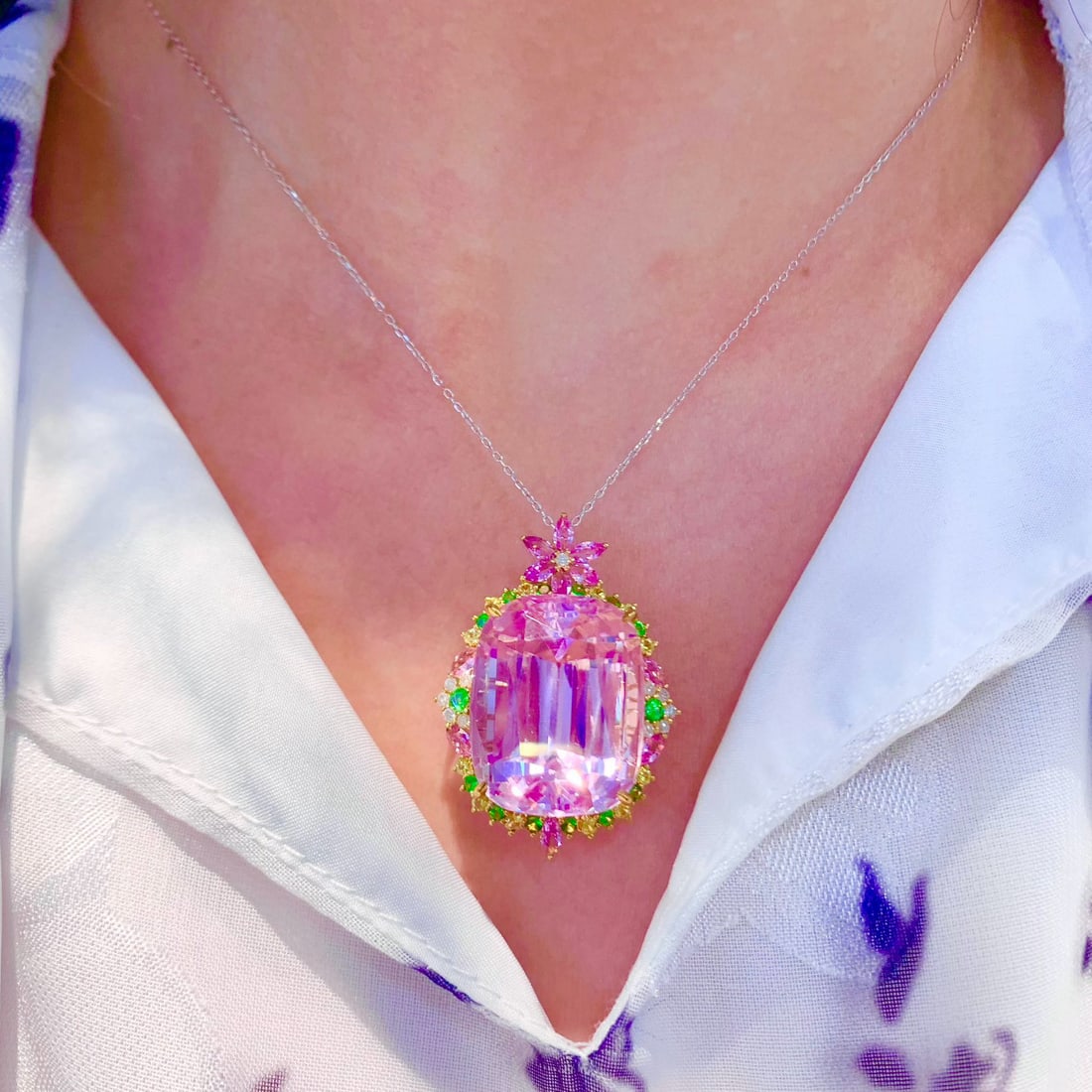 14k Gold 37.58 Ct Natural Kunzite & Diamond & Coloured Gemstone Pendant( Without Chain ) - 5