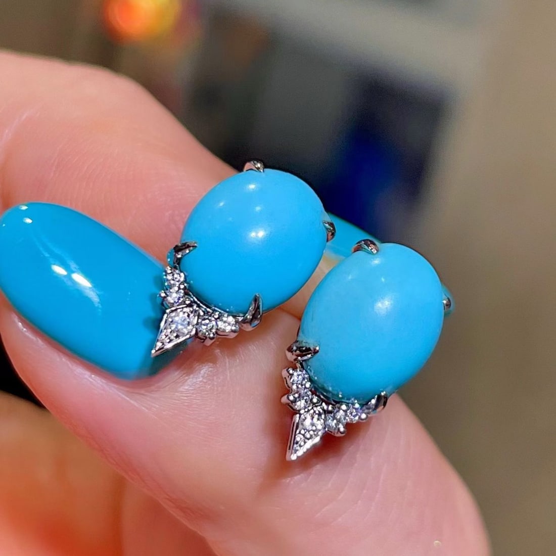 14k Gold 4.59 Ctw Natural Blue Turquoise & Diamond Earrings - 3