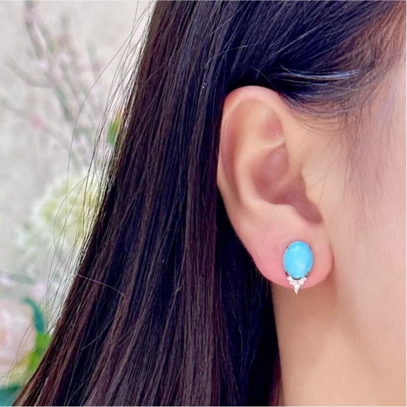 14k Gold 4.59 Ctw Natural Blue Turquoise & Diamond Earrings - 4