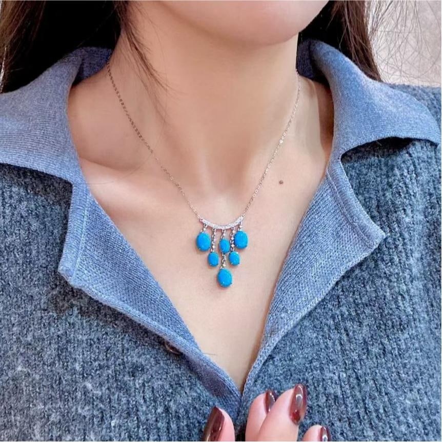 14k Gold 7.73 Ctw Natural Blue Turquoise & Diamond Necklace - 4