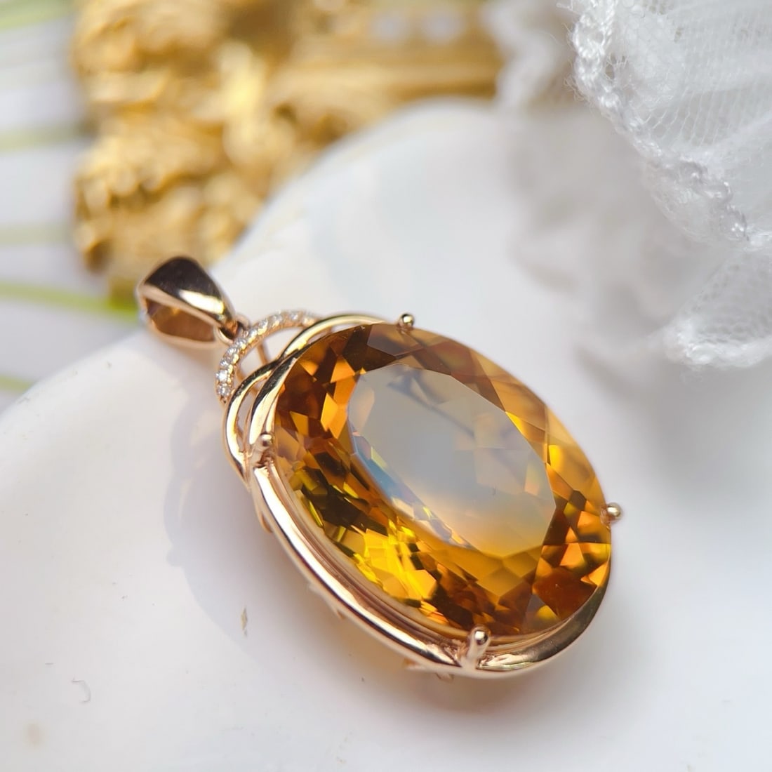 14k Gold 17.08 Ctw Natural Citrine & Diamond Pendant( Without Chain ) - 4