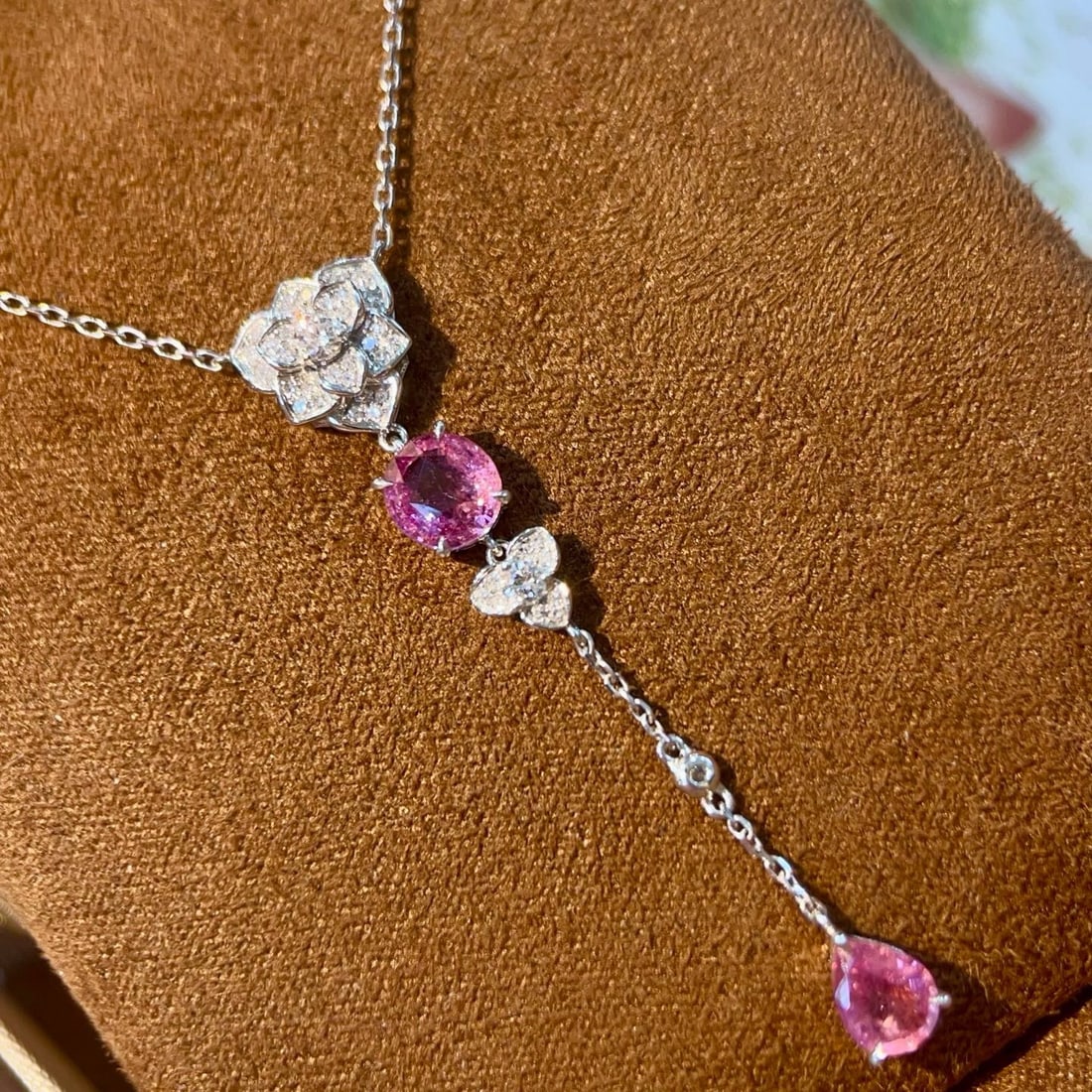 14k Gold 1.85 Ctw Natural Padparadscha Sapphire & Diamond Necklace - 4