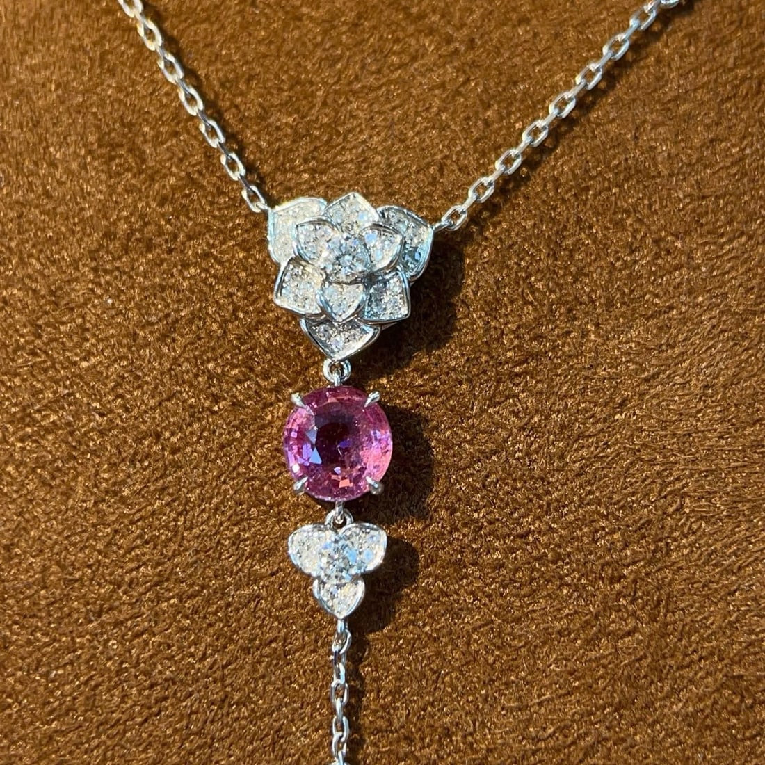 14k Gold 1.85 Ctw Natural Padparadscha Sapphire & Diamond Necklace - 5