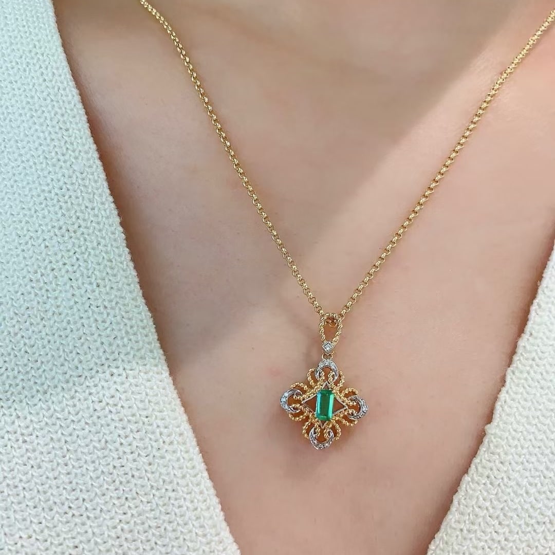 14k Gold 0.27 Ctw Natural Emerald & Diamond Pendant( Without Chain ) - 3