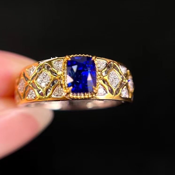 14k Gold 1.41 Ctw Natural Sapphire & Diamond Ring: Ref:231188397 // gold content:14k gold // ring size:7. 25us // // main gemstone:sapphire // shape:cushion // carat weight:1. 30ct // color:royal blue // treatment:natural // // adjacent gemstone 2 :