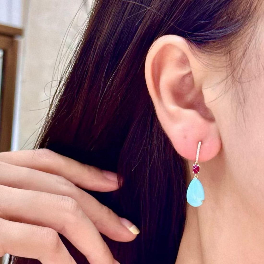 14k Gold 5.41 Ctw Natural Blue Turquoise & Ruby Earrings - 4