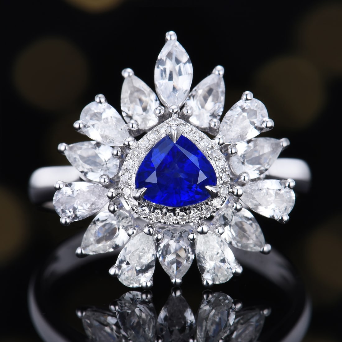 14k Gold 0.65 Ctw Natural Sapphire & Diamond Ring: Ref:231189002 // gold content:14k gold // ring size:7. 25us // // main gemstone:sapphire // shape:pear // carat weight:0. 59ct // color:royal blue // treatment:natural // // adjacent gemstone 2 :