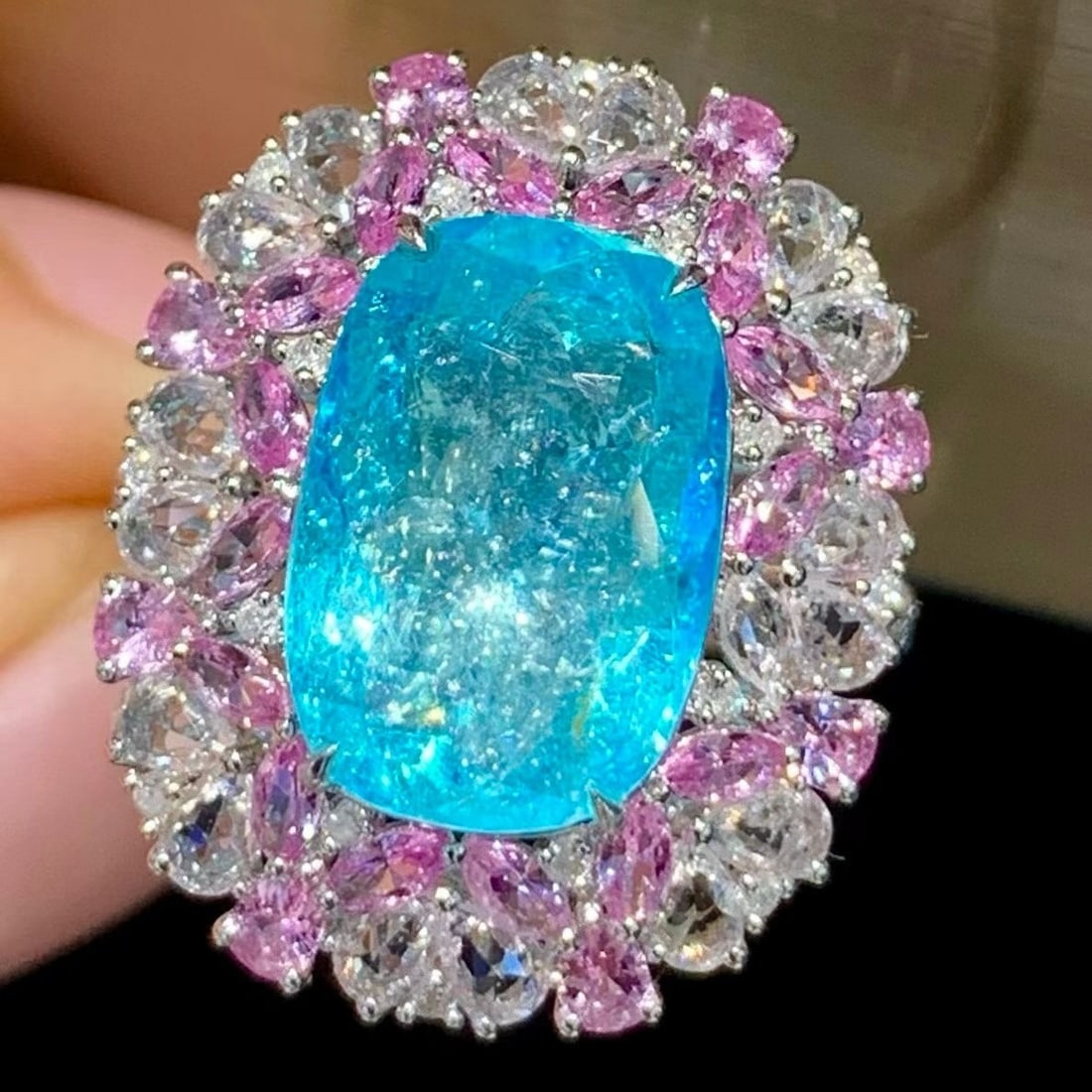 14k Gold 5.35 Ct Natural Paraiba Tourmaline & Diamond & Sapphire Ring: Ref:231189019 // gold content:14k gold // ring size:7. 25us // // main gemstone:paraiba tourmaline // shape:cushion // carat weight:5. 35ct // color:blue // treatment:natural // // adjacent gemstone
