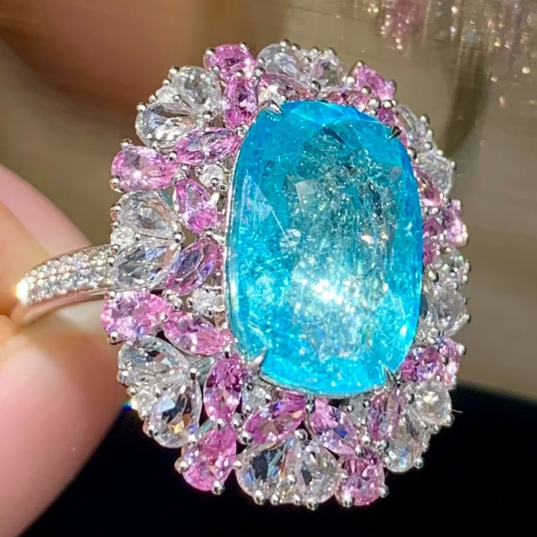 14k Gold 5.35 Ct Natural Paraiba Tourmaline & Diamond & Sapphire Ring - 2