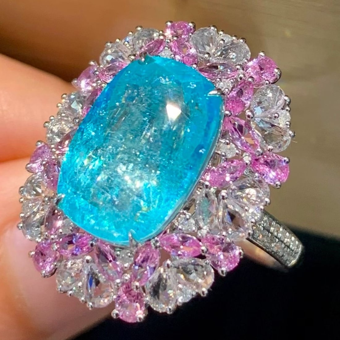 14k Gold 5.35 Ct Natural Paraiba Tourmaline & Diamond & Sapphire Ring - 3