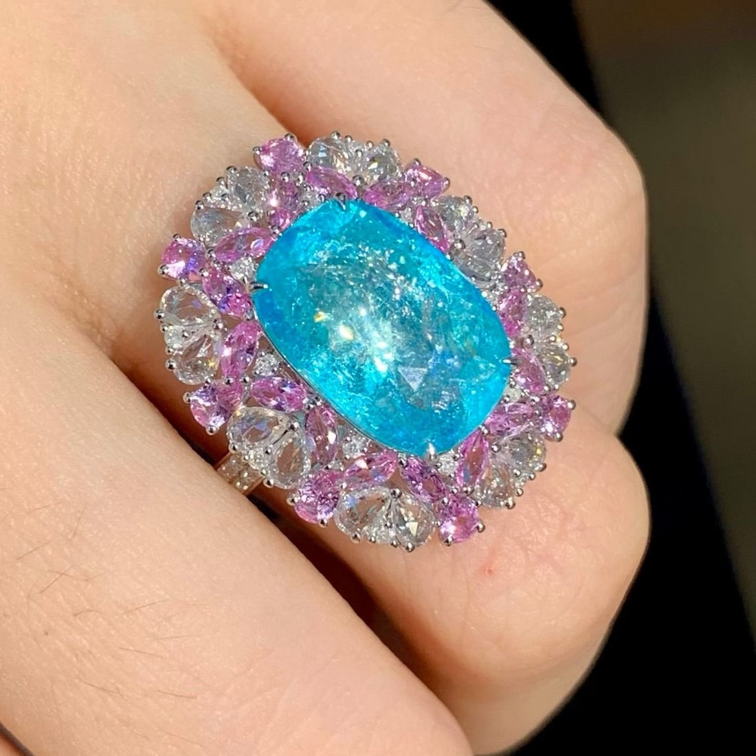 14k Gold 5.35 Ct Natural Paraiba Tourmaline & Diamond & Sapphire Ring - 5