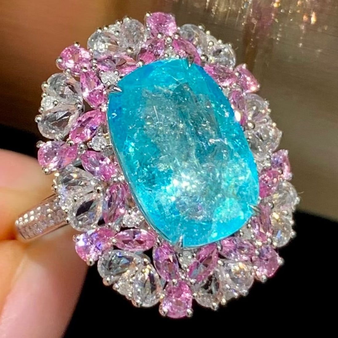 14k Gold 5.35 Ct Natural Paraiba Tourmaline & Diamond & Sapphire Ring - 6