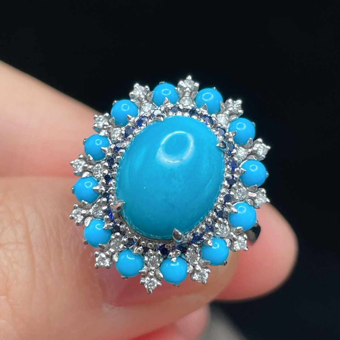 14k Gold 3.95 Ctw Natural Blue Turquoise & Diamond Ring - 4