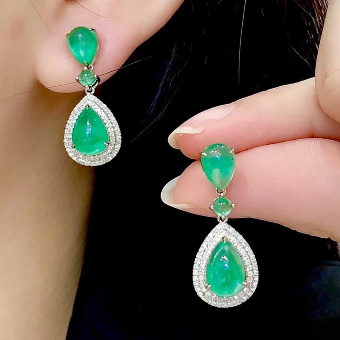 14k Gold 5.9 Ct Natural Emerald & Diamond Earrings - 5