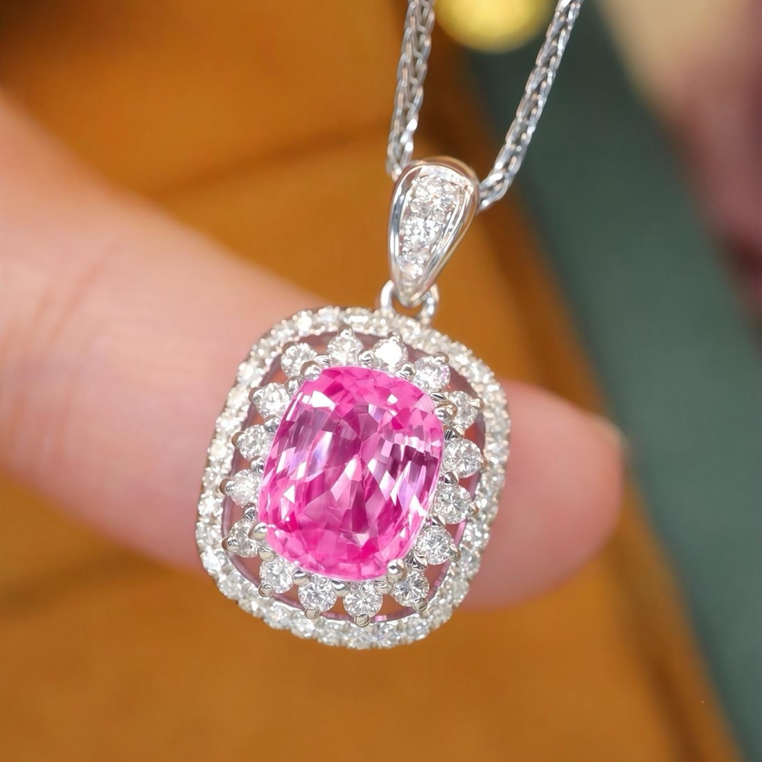 14k Gold 1.47 Ctw Natural Padparadscha Sapphire & Diamond Pendant( Without Chain ): Ref:231189038 // gold content:14k gold // main gemstone:padparadscha sapphire // shape:cushion // carat weight:1. 18ct // color:orangish pink // treatment:natural // // adjacent gemstone 2 : diamond /