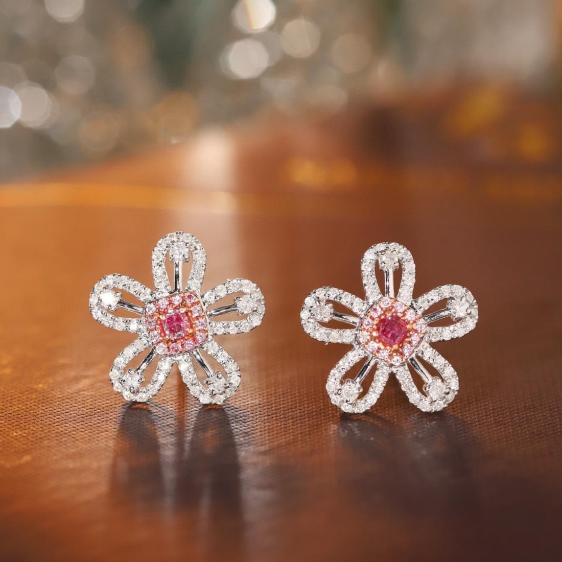 14k Gold 0.56 Ctw Natural Pink Diamond & Diamond & Flowers Earrings: Ref:231189048 // gold content:14k gold // main gemstone:pink diamond // shape:cushion // carat weight:0. 12ct // color:pink // treatment:natural // // adjacent gemstone 2 : diamond // shape:round // c