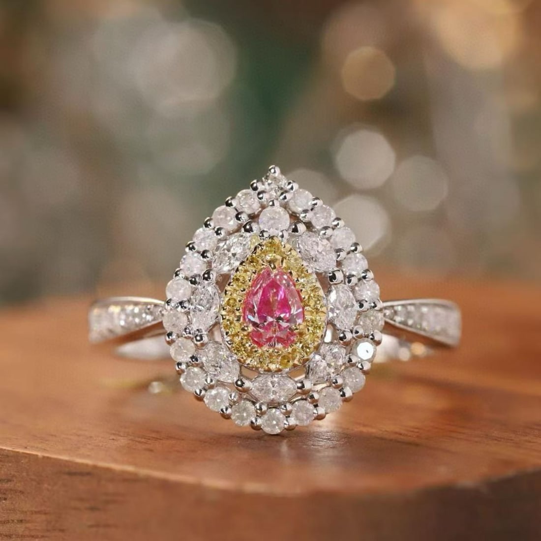 14k Gold 0.78 Ctw Natural Pink Diamond & Diamond Ring: Ref:231189054 // gold content:14k gold // ring size:7. 25us // // main gemstone:pink diamond // shape:pear // carat weight:0. 18ct // color:pink // treatment:natural // // adjacent gemstone 2 : diamon