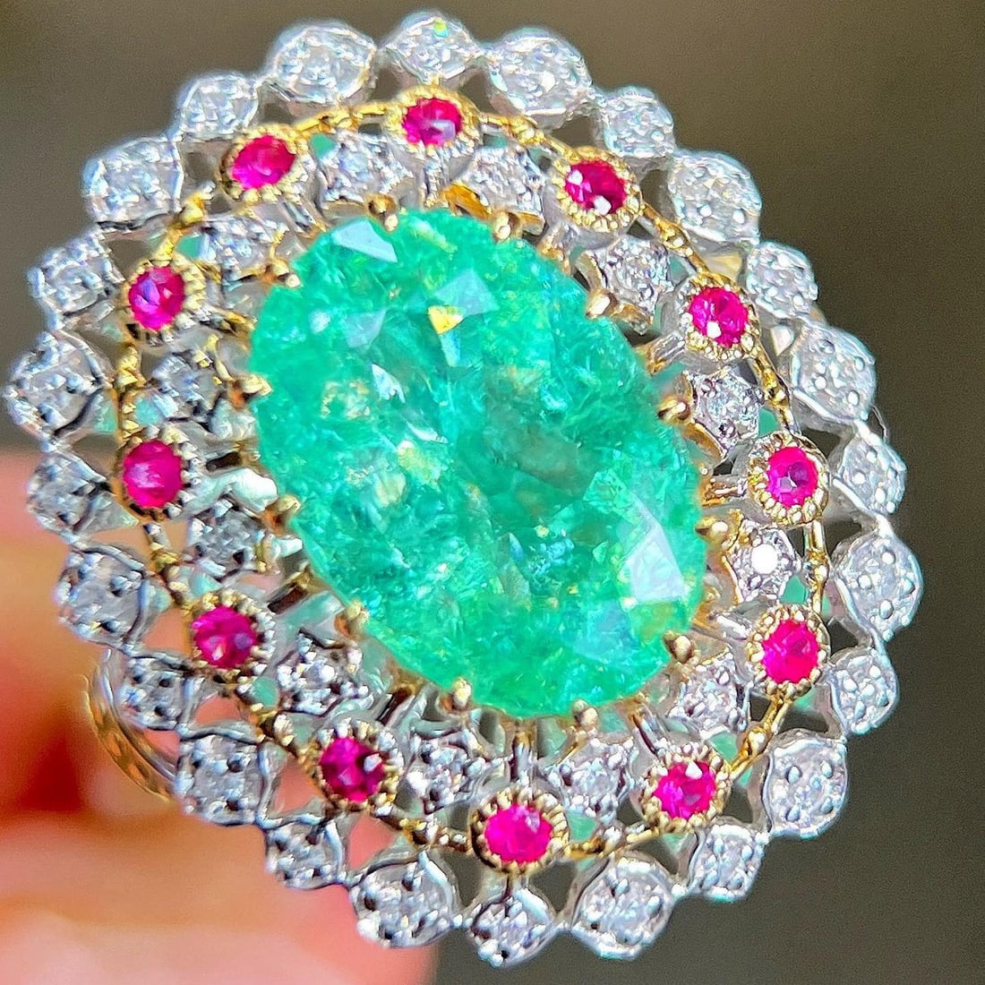 14k Gold 2.51 Ctw Natural Paraiba Tourmaline & Diamond Ring: Ref:231189063 // gold content:14k gold // ring size:7. 25us // // main gemstone:paraiba tourmaline // shape:oval // carat weight:2. 38ct // color:neon green // treatment:natural // // adjacent