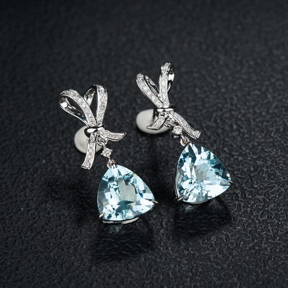 14k Gold 6.04 Ct Natural Aquamarine & Diamond Earrings - 2