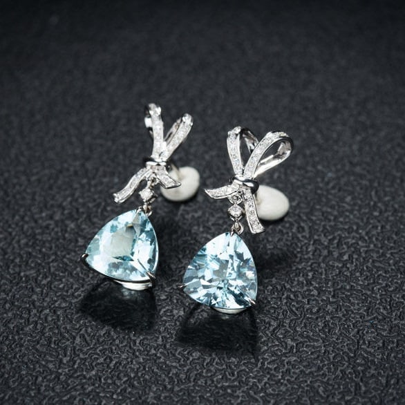 14k Gold 6.04 Ct Natural Aquamarine & Diamond Earrings - 3