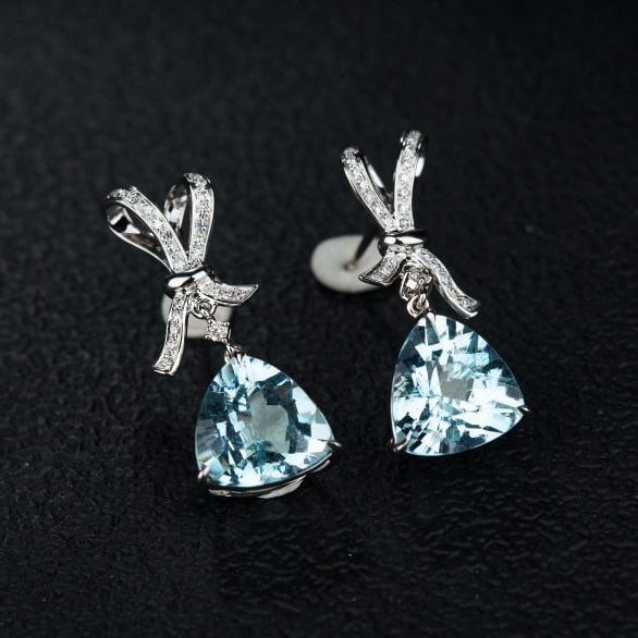 14k Gold 6.04 Ct Natural Aquamarine & Diamond Earrings - 6