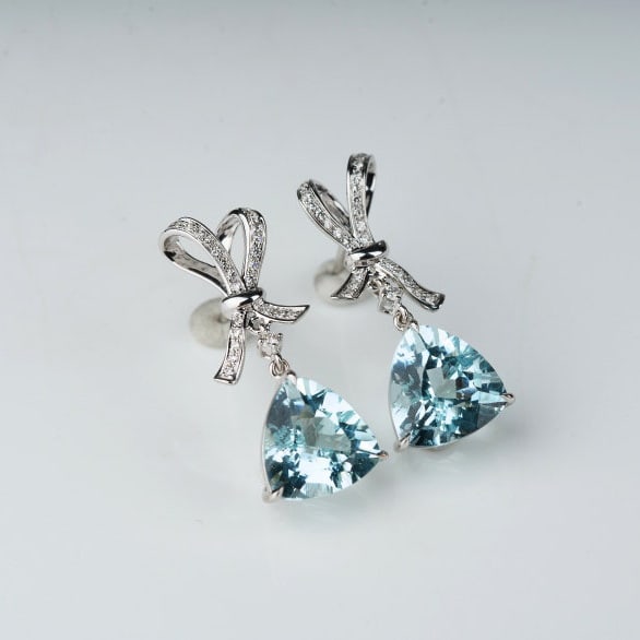 14k Gold 6.04 Ct Natural Aquamarine & Diamond Earrings - 8