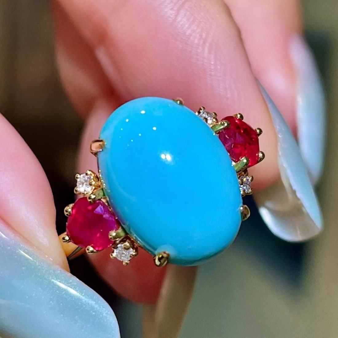 14k Gold 7.85 Ctw Natural Blue Turquoise & Ruby Ring - 2