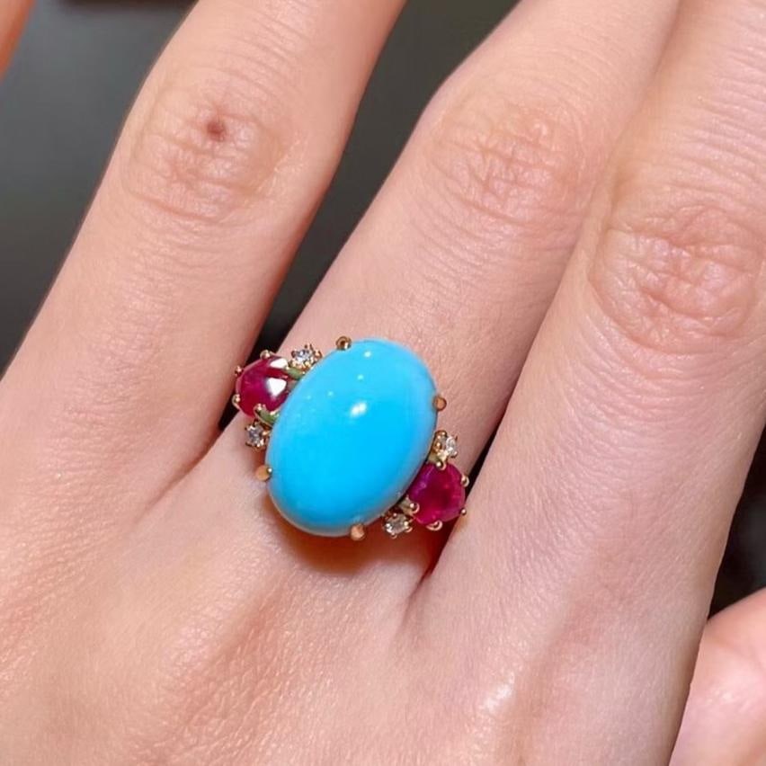 14k Gold 7.85 Ctw Natural Blue Turquoise & Ruby Ring - 3