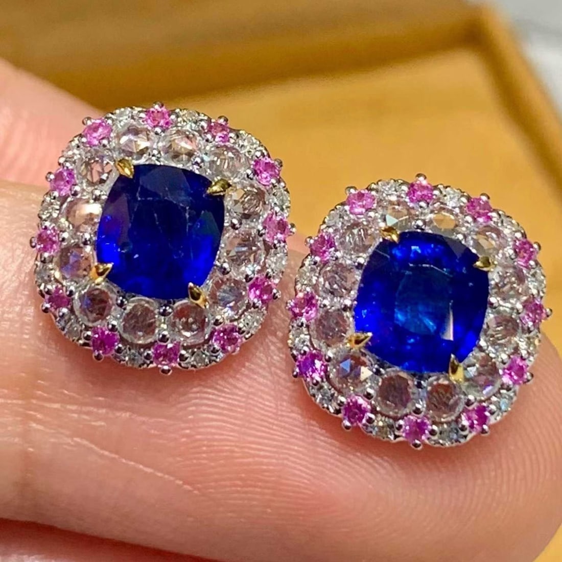 14k Gold 1.6 Ct Natural Sapphire & Diamond & Sapphire Earrings - 2