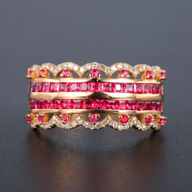 14k Gold 1.28 Ctw Natural Ruby & Diamond Ring: Ref:231189084 // gold content:14k gold // ring size:7. 25us // // main gemstone:ruby // shape:multiple // carat weight:1. 08ct // color:red // treatment:natural // // adjacent gemstone 2 : diamond // 