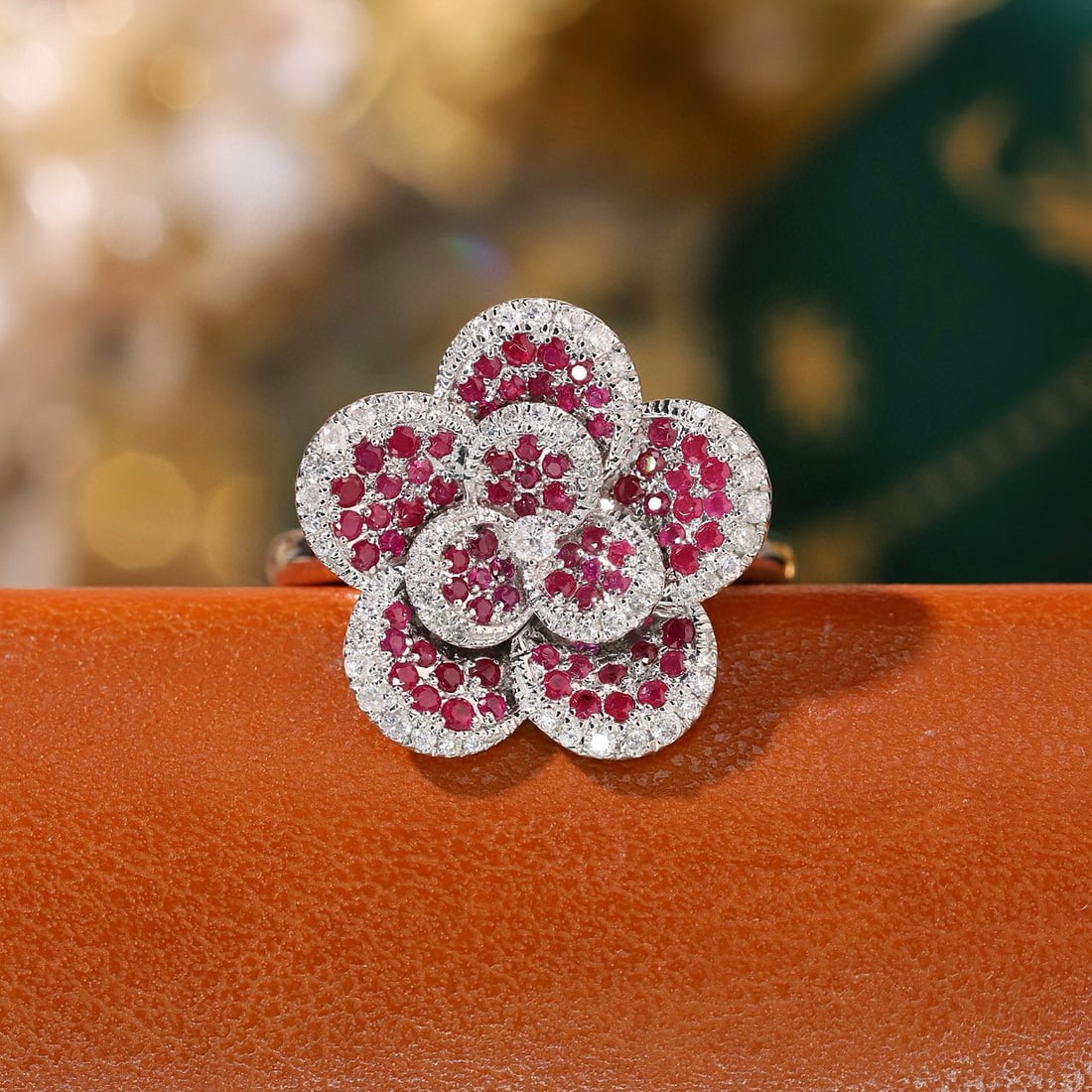 14k Gold 0.80 Ctw Natural Ruby & Diamond & Flowers Ring: Ref:231189098 // gold content:14k gold // ring size:7. 25us // // main gemstone:ruby // shape:round // carat weight:0. 55ct // color:red // treatment:natural // cut grade:g // // adjacent gemstone 2