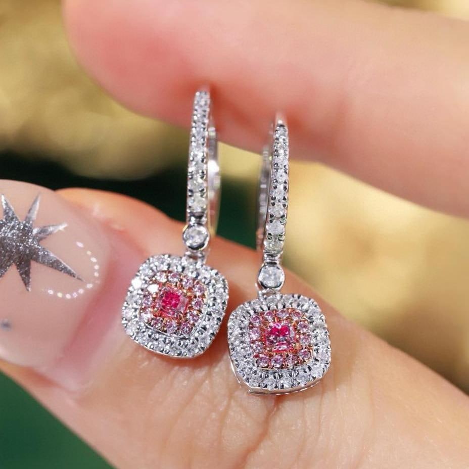 14k Gold 0.60 Ctw Natural Pink Diamond & Diamond Earrings: Ref:231189102 // gold content:14k gold // main gemstone:pink diamond // shape:cushion // carat weight:0. 12ct // color:pink // treatment:natural // // adjacent gemstone 2 : diamond // shape:round // c