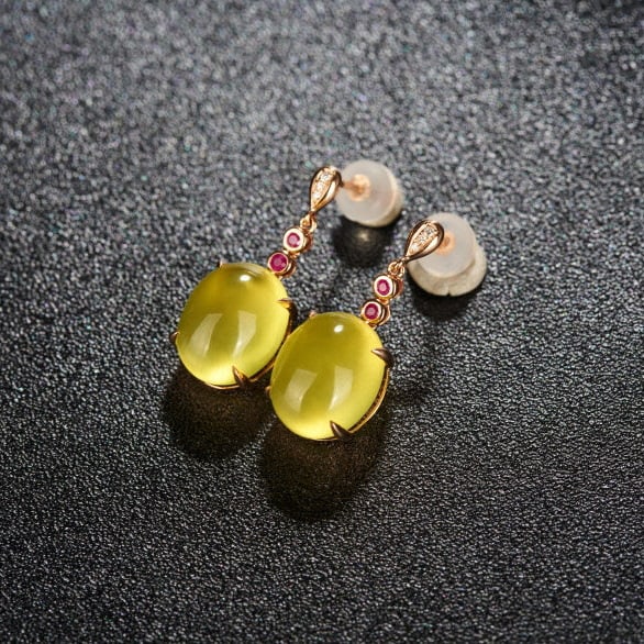 14k Gold 9.63 Ct Natural Prehnite & Ruby & Diamond Earrings - 2