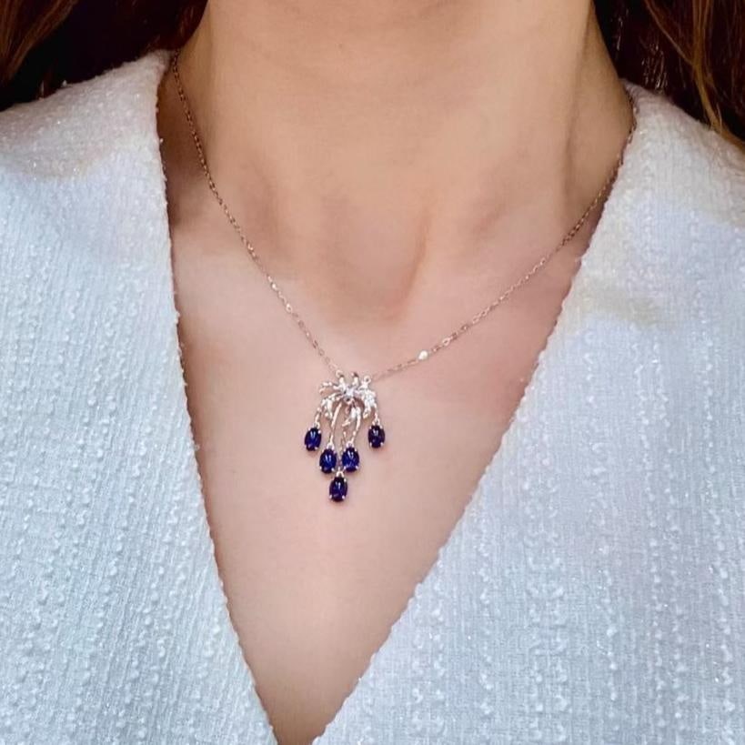 14k Gold 2.58 Ct Natural Sapphire & Diamond Necklace - 4