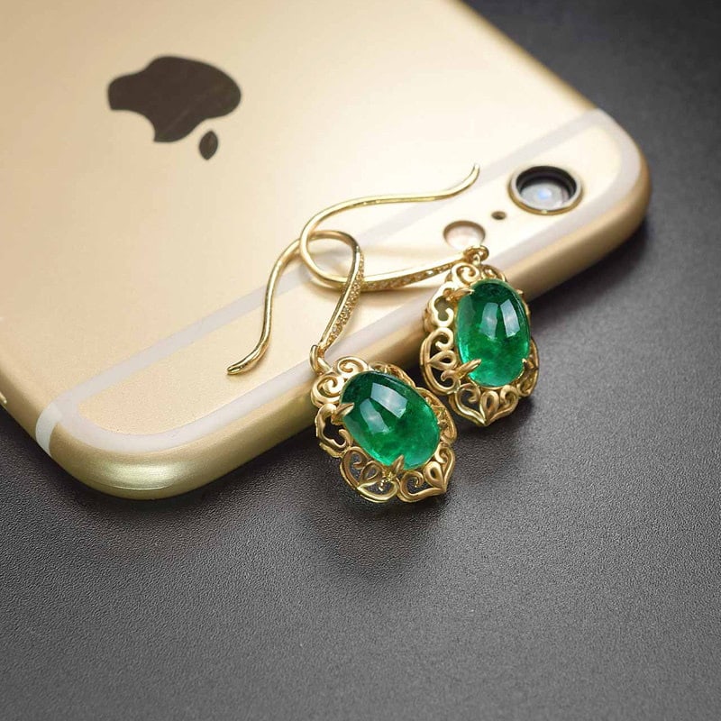 14k Gold 3.42 Ct Natural Emerald & Diamond Earrings - 2