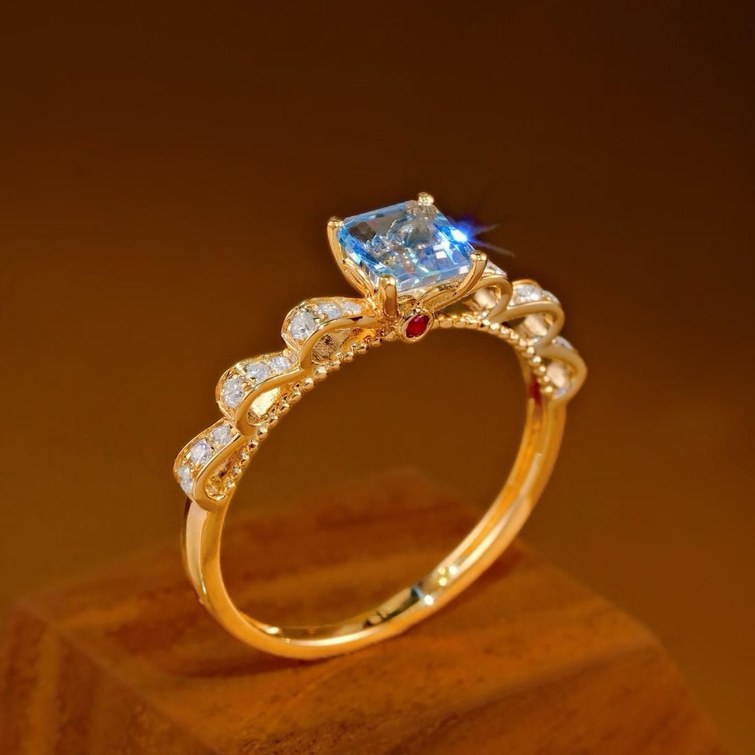 14k Gold 0.71 Ctw Natural Aquamarine & Diamond Ring: Ref:231189145 // gold content:14k gold // ring size:7. 25us // // main gemstone:aquamarine // shape:octagonal // carat weight:0. 55ct // color:blue // treatment:natural // // adjacent gemstone 2 :