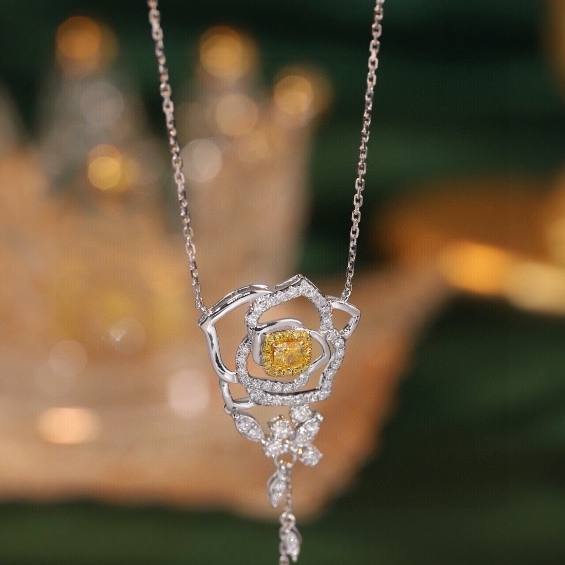 14k Gold 1.00 Ctw Natural Yellow Diamond & Diamond & Flowers Necklace - 2